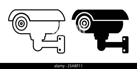 Two distinct security camera icons in black and white, showcasing simple design. Ideal for illustrating surveillance concepts in modern settings. Stock Vector