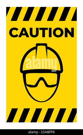 Bright yellow safety caution sign featuring an illustration of a helmet and goggles, emphasizing the importance of protective gear in workplaces and construction sites. Stock Vector