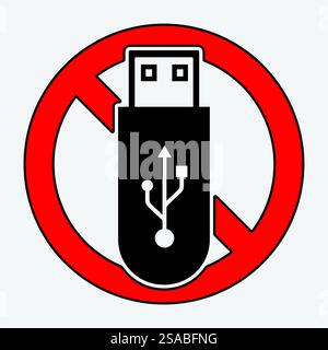 This image features a prohibition symbol against USB flash drive usage, highlighting concerns about data security and potential risks associated with external devices. Stock Vector