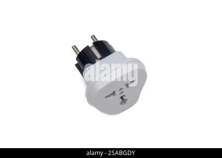 Universal Travel Power Adapter on White Background Stock Photo
