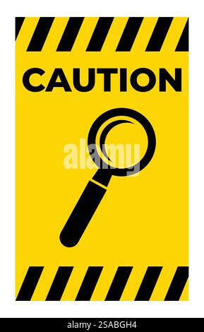 Bright yellow caution sign featuring a magnifying glass icon. Ideal for conveying safety messages, highlighting inspection needs, or increasing visibility in various environments. Stock Vector