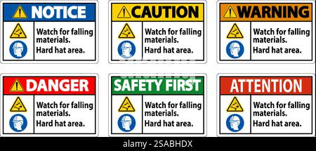 Warning Sign, Watch For Falling Materials, Hard Hat Area Stock Vector