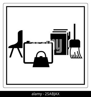 A minimalist icon set featuring essential office items like a chair, briefcase, books, and broom. Ideal for workspace design and organization themes. Stock Vector