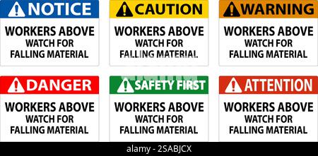 Danger Sign, Workers Above Watch For Falling Material Stock Vector