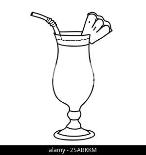 Pina Colada Cocktail with Straw and Pineapple slice. Tropical Summer Alcoholic Drink in Hurricane glass. Hand drawn Vector illustration in Doodle Stock Vector