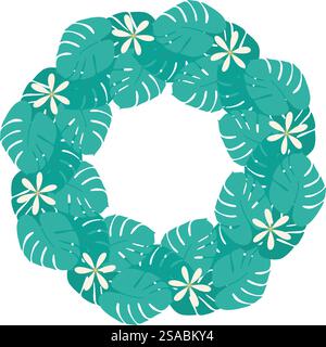 Monstera leaves and Abstract flowers Circular Frame border Tropical plants Copy space Template idea. Isolated Vector illustration Cards, poster, leaflets, brochures, prices, label or web promo banner Stock Vector