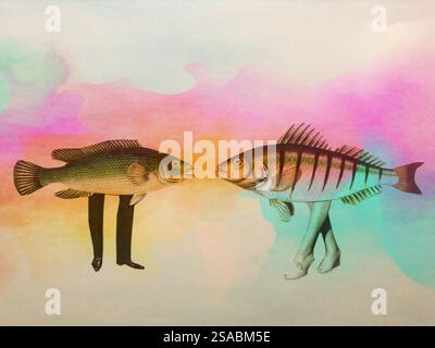 Conceptual collage art of two fish with legs talking to each other Stock Photo