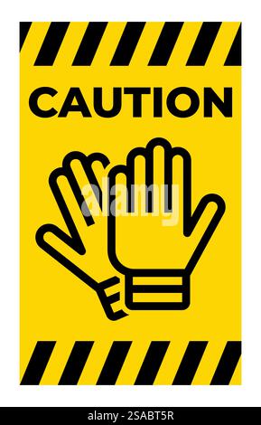Bright yellow caution sign featuring gloves as a safety reminder for workplaces. Ideal for promoting awareness of protective equipment usage. Stock Vector