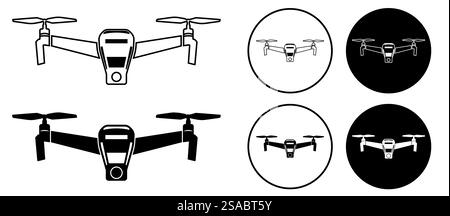This diverse drone icon set showcases various styles and formats, featuring sleek designs in black and white. Perfect for technology and aviation projects. Stock Vector