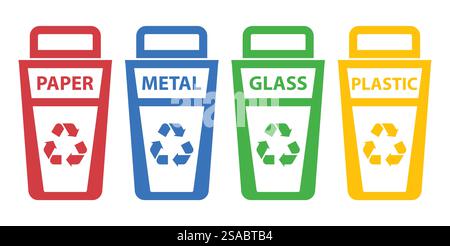 Four colorful recycling bins represent waste separation for paper, metal, glass, and plastic. The design promotes eco-friendly practices and sustainability. Stock Vector