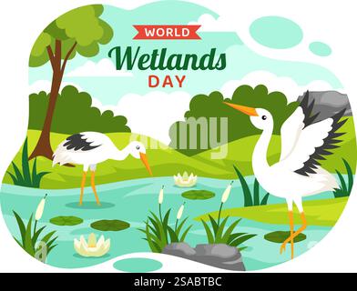 World Wetlands Day Vector Illustration on 2 February with Stork Animals and Garden Background in Holiday Celebration Flat Cartoon Design Stock Vector