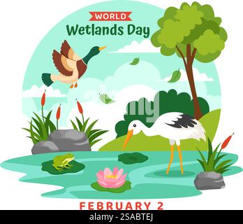 World Wetlands Day Vector Illustration on 2 February with Stork Animals and Garden Background in Holiday Celebration Flat Cartoon Design Stock Vector