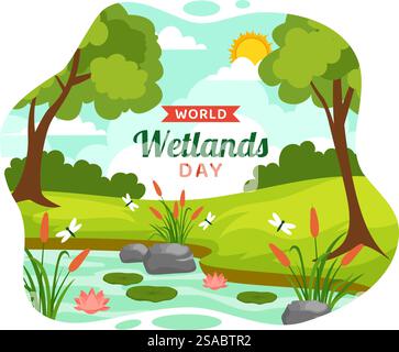 World Wetlands Day Vector Illustration on 2 February with Stork Animals and Garden Background in Holiday Celebration Flat Cartoon Design Stock Vector
