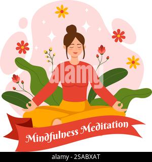 Mindfulness Meditation Vector Illustration of Person with Closed Eyes and Crossed Legs and Relaxation in Yoga Lotus Posture Flat Background Stock Vector