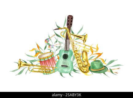 Watercolor musical percussion, string and wind instruments clip art ...
