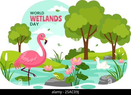 World Wetlands Day Vector Illustration on 2 February with Stork Animals and Garden Background in Holiday Celebration Flat Cartoon Design Stock Vector