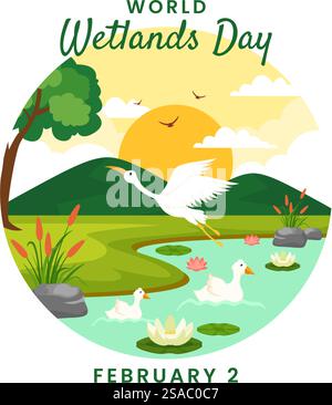 World Wetlands Day Vector Illustration on 2 February with Stork Animals and Garden Background in Holiday Celebration Flat Cartoon Design Stock Vector