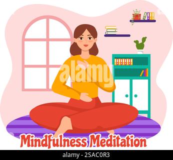 Mindfulness Meditation Vector Illustration of Person with Closed Eyes and Crossed Legs and Relaxation in Yoga Lotus Posture Flat Background Stock Vector