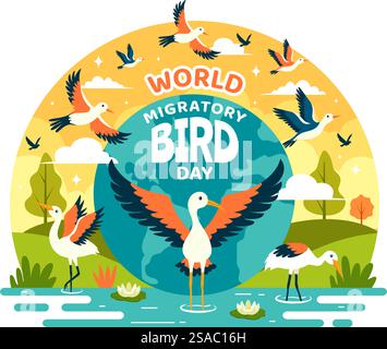 World Migratory Bird Day Vector Illustration with Birds Migrations Groups and Their Habitats for Living Aquatic Ecosystems in Flat Cartoon Background Stock Vector
