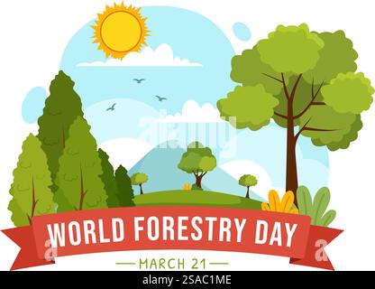 International Forest Day Vector Illustration on 21 March with Plants, Trees, Green Fields and Various Wildlife to Economic Forestry in Background Stock Vector