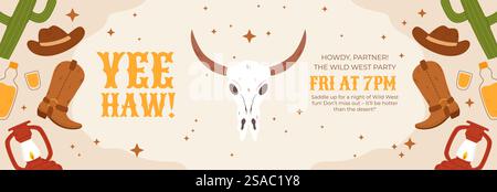 A colorful Wild West-themed party invitation design featuring cowboy boots, hats, cacti, lanterns, and a bull skull. Perfect for Western-themed events Stock Vector