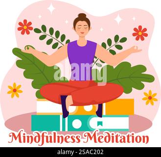 Mindfulness Meditation Vector Illustration of Person with Closed Eyes and Crossed Legs and Relaxation in Yoga Lotus Posture Flat Background Stock Vector