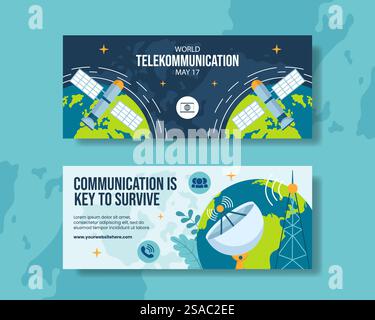 Telecommunication Day Horizontal Banner Flat Cartoon Hand Drawn Templates Background Illustration Stock Vector