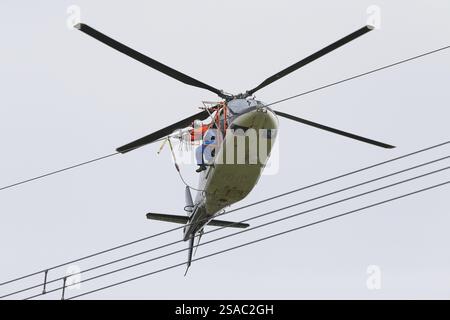 Installation of bird protection markings on overhead power lines by helicopter, worker installing bird deflectors on high-voltage power lines, 10 Apri Stock Photo