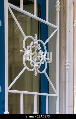 White Ornamental Metalwork on a Blue-Framed Window Panel Stock Photo