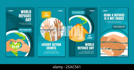 Refugee Day Social Media Stories Flat Cartoon Hand Drawn Templates Background Illustration Stock Vector