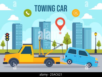 Auto Towing Car Vector Illustration Using a Truck with Roadside Assistance Service for Various Vehicles in Flat Cartoon Background Design Stock Vector