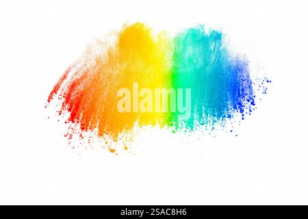 Colorful explosion of paint splatters on a white background Stock Photo