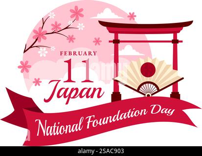Happy Japan National Foundation Day Vector Illustration on February 11 with Famous Japanese Landmarks and Flag in Flat Kids Cartoon Background Stock Vector