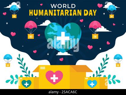 World Humanitarian Day Vector Illustration featuring a Global Celebration of Helping People, Charity, Donations, and Volunteering on a Flat Background Stock Vector