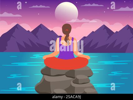 Mindfulness Meditation Vector Illustration of Person with Closed Eyes and Crossed Legs and Relaxation in Yoga Lotus Posture Flat Background Stock Vector