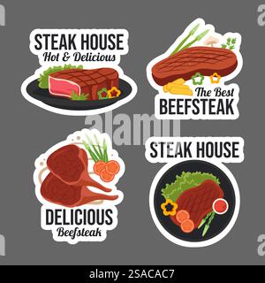 Steakhouse Label Flat Cartoon Hand Drawn Templates Background Illustration Stock Vector