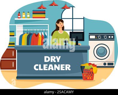 Dry Cleaning Store Service Vector Illustration with Washing Machines, Dryers and Laundry for Clean Clothing in Flat Cartoon Background Design Stock Vector