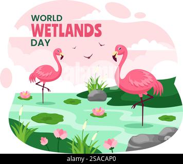 World Wetlands Day Vector Illustration on 2 February with Stork Animals and Garden Background in Holiday Celebration Flat Cartoon Design Stock Vector