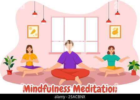 Mindfulness Meditation Vector Illustration of Person with Closed Eyes and Crossed Legs and Relaxation in Yoga Lotus Posture Flat Background Stock Vector