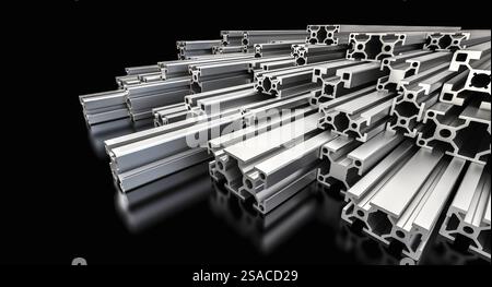 Stacked aluminum extrusions forming an industrial metallic background 3d Stock Photo