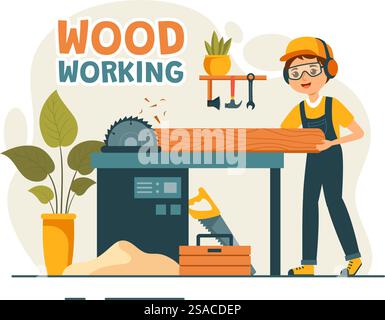 Woodworking Vector Illustration featuring Modern Craftsmen and Workers Producing Furniture Using Tools, Presented in a Flat Cartoon Style Background Stock Vector