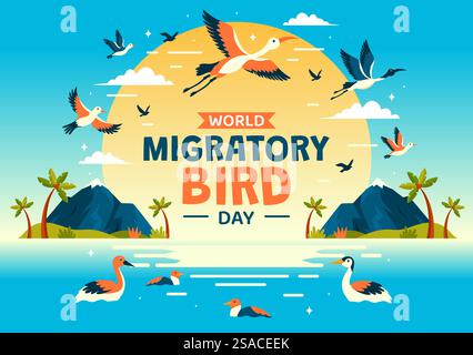 World Migratory Bird Day Vector Illustration with Birds Migrations Groups and Their Habitats for Living Aquatic Ecosystems in Flat Cartoon Background Stock Vector