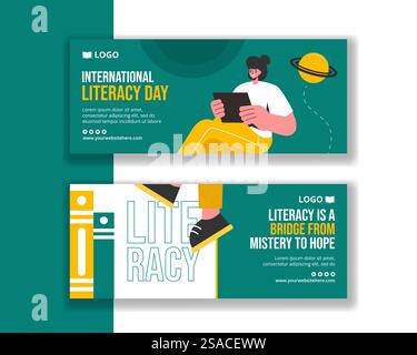 Literacy Day Horizontal Banner Flat Cartoon Hand Drawn Templates Background Illustration Stock Vector