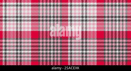A vibrant tartan plaid pattern in shades of red, pink, black, and white featuring a traditional geometric design with crisscrossed lines and houndstoo Stock Vector