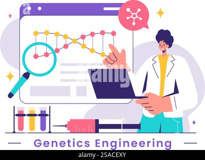 Vector Illustration of Genetic Engineering and DNA Modifications with Genetics Research or Experiment Scientists in a Flat Cartoon Style Background Stock Vector