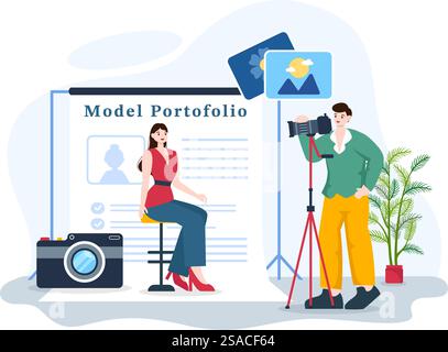 Model Portfolio Vector Illustration with Modeling Agency Manager and Photographer take Photos of Model in Platform Flat Cartoon Background Design Stock Vector