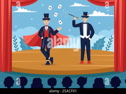 Magician Vector Illustration with Illusionist Conjuring Tricks and Waving a Magic Wand above his Mysterious Hat on a Stage in Flat Cartoon Background Stock Vector