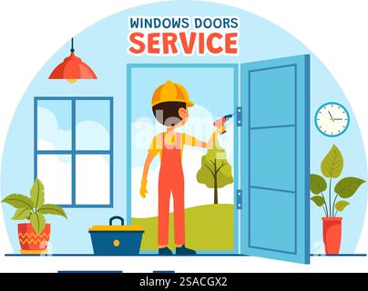 Windows and Doors Installation Service Vector Illustration with Worker for Home Repair and Renovation use Tools in Flat Kids Cartoon Background Design Stock Vector