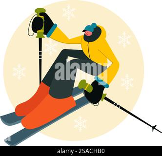 Skiing Vector Illustration featuring Skiers Sliding Down a Mountain at a Ski Resort in Flat Winter Sports Activities Style Cartoon Background Stock Vector