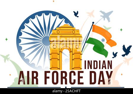 Indian Air Force Day Vector Illustration on 8th October, featuring a Waving Flag, Armed Forces, and Fighter Jet in a National Holiday Flat Background Stock Vector